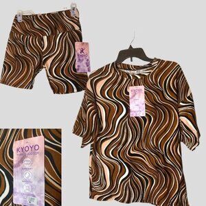 Women's Small KYOYO Top and Jogger Shorts Athletic Set Brown Swirl NEW